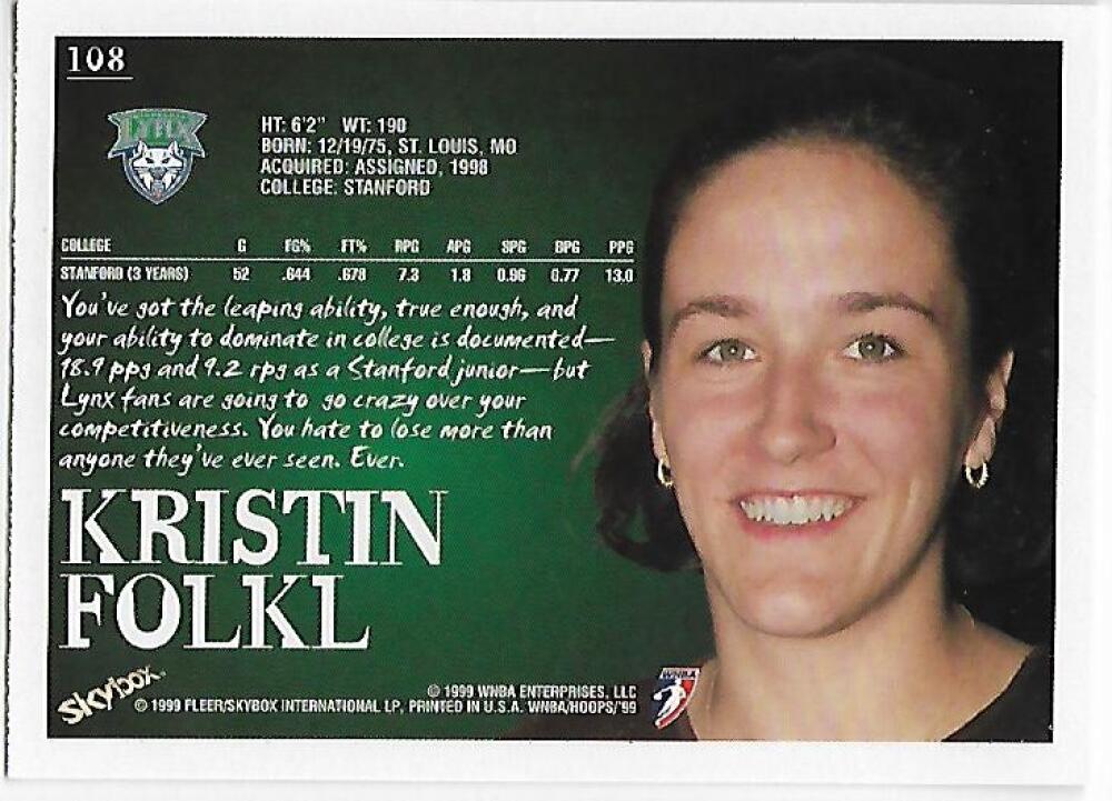 1999-00 Hoops WNBA #108 Kristin Folkl NM-MT RC Rookie Minnesota Lynx Basketball Card  Image 2