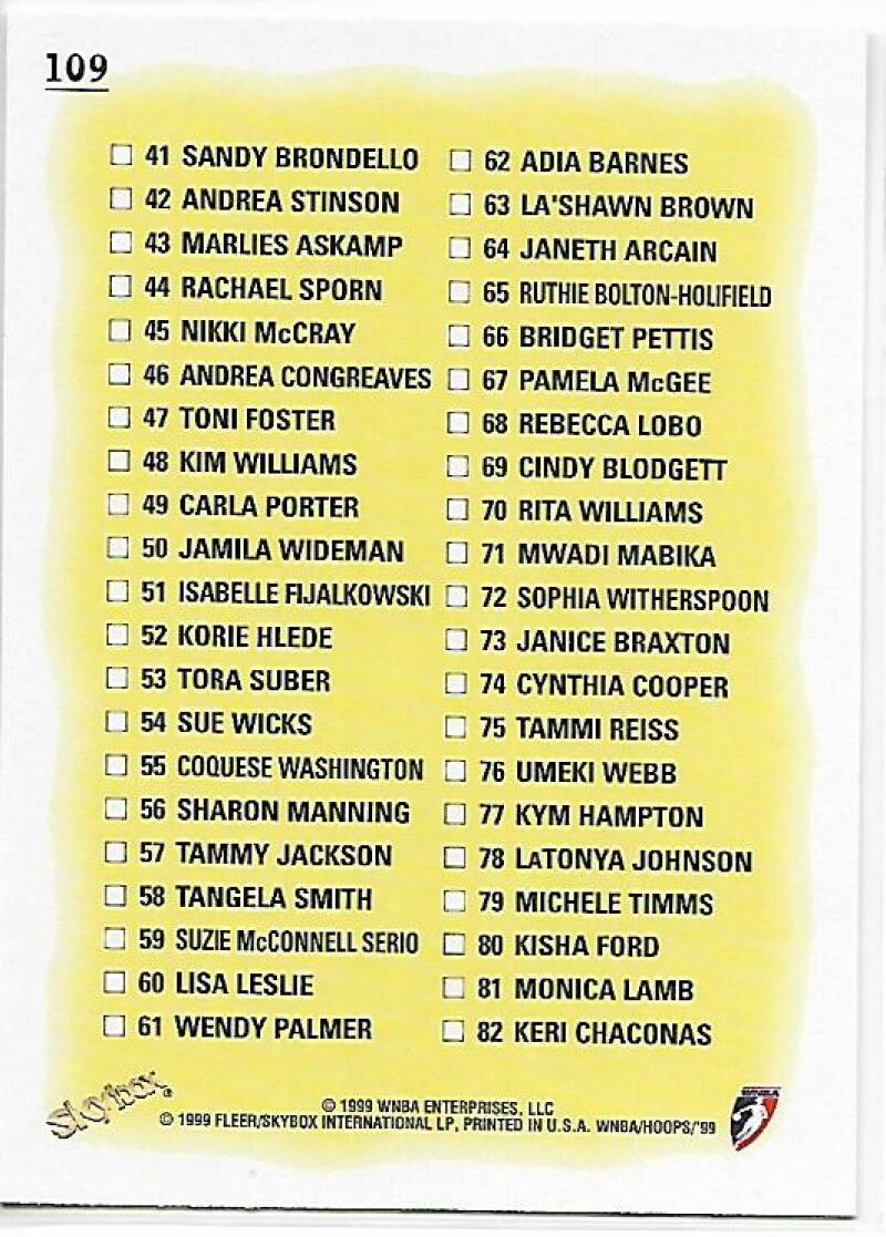 1999-00 Hoops WNBA #109 Checklist NM-MT Basketball Card  Image 2