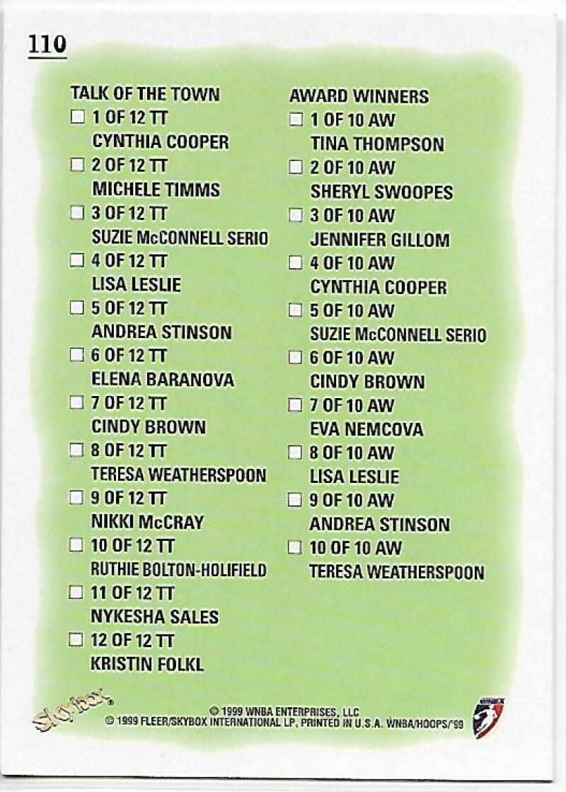 1999-00 Hoops WNBA #110 Checklist NM-MT Basketball Card  Image 2