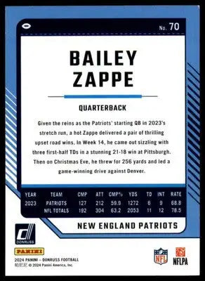 Bailey Zappe 2024 Donruss #70 New England Patriots Football Card NFL Sports