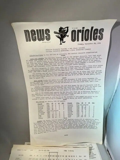 Baltimore Orioles news sheet from Boston Red Sox MLB game press release September 1986
