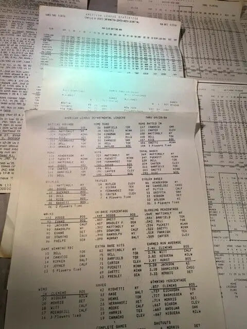 Baseball statistics sheets for the Baltimore Orioles at Boston Red Sox game Sept 29 1986