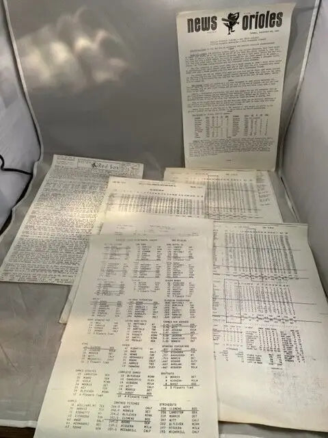 Vintage Orioles baseball news sheets from Baltimore Orioles at Boston Red Sox game