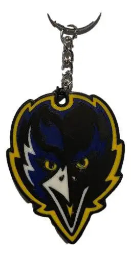 Black purple yellow ravens face keychain featuring Baltimore Ravens logo and design