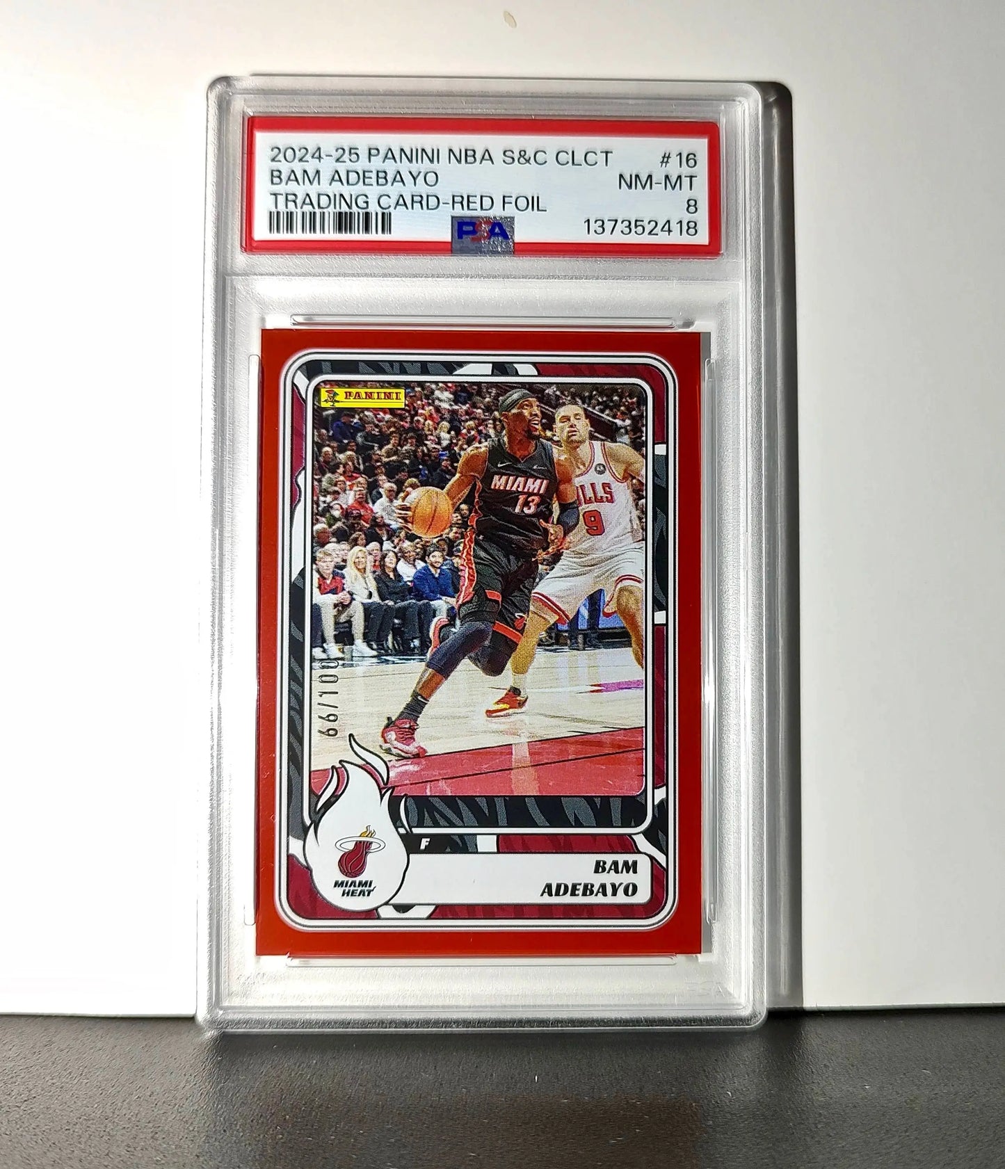Bam Adebayo 2024-25 Panini NBA #16 Sticker 66/100 Red Foil PSA 8 NM-MT - Basketball Card Single