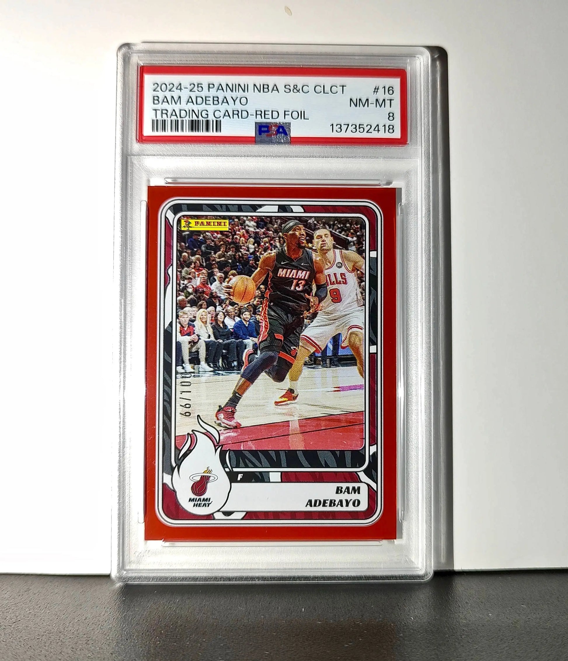 Bam Adebayo 2024-25 Panini NBA #16 Sticker 66/100 Red Foil PSA 8 NM-MT - Basketball Card Single