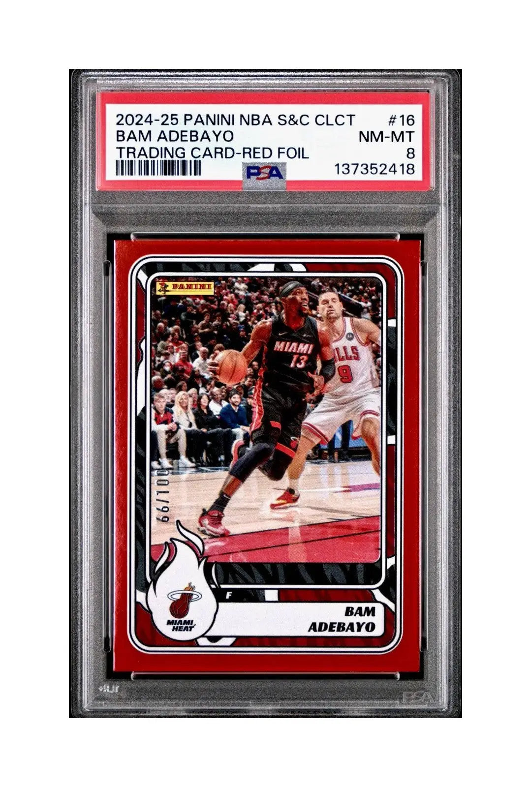 Bam Adebayo 2024-25 Panini NBA #16 Sticker 66/100 Red Foil PSA 8 NM-MT - Basketball Card Single