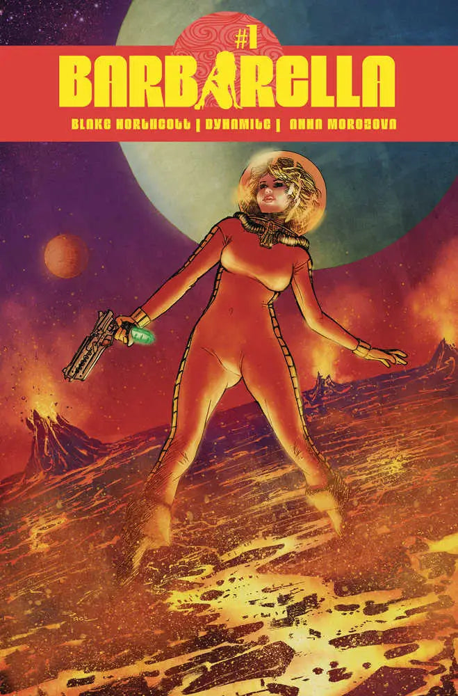 Figure in orange spacesuit with weapon on rocky surface, Barbarella #1 Cover C Pace