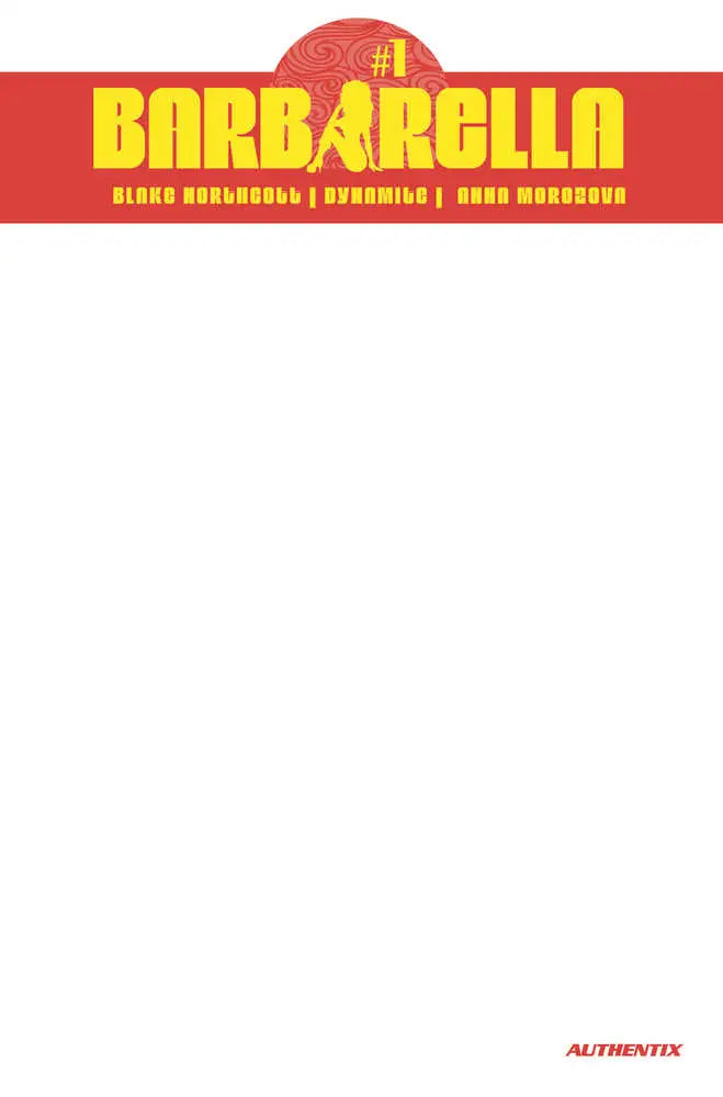 Red and yellow Barbarella text logo on white for Barbarella #1 Cover G Blank Authentix trading cards