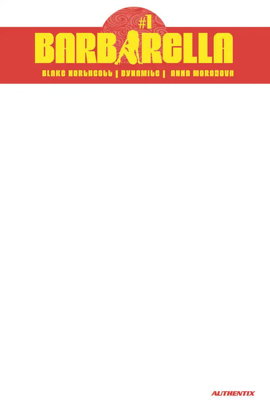 Red and yellow Barbarella text logo on white for Barbarella #1 Cover G Blank Authentix trading cards