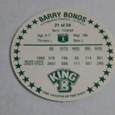 Barry Bonds 1991 King B Collectors Edition Coin. Pitt. Pirates Vintage. NRMT+ - Sports Memorabilia