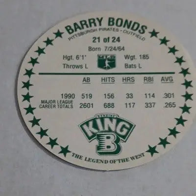 Barry Bonds 1991 King B Collectors Edition Coin. Pitt. Pirates Vintage. NRMT+ - Sports Memorabilia