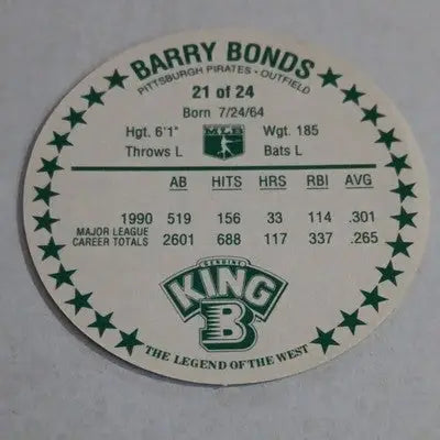 Barry Bonds 1991 King B Collectors Edition Coin. Pitt. Pirates Vintage. NRMT+ - Sports Memorabilia