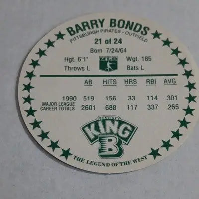Barry Bonds 1991 King B Collectors Edition Coin. Pitt. Pirates Vintage. NRMT+ - Sports Memorabilia