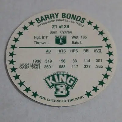 Barry Bonds 1991 King B Collectors Edition Coin. Pitt. Pirates Vintage. NRMT+ - Sports Memorabilia