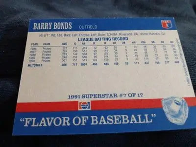 Barry Bonds - 1991 Pepsi Flavor Of Baseball. Superstar #7 of 17. Pirates. EX - Baseball Card Single