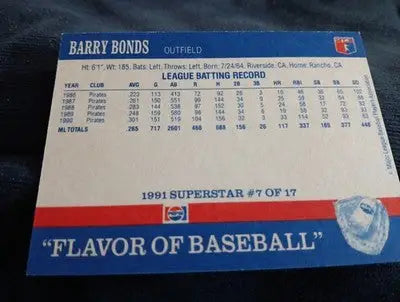 Barry Bonds - 1991 Pepsi Flavor Of Baseball. Superstar #7 of 17. Pirates. EX - Baseball Card Single