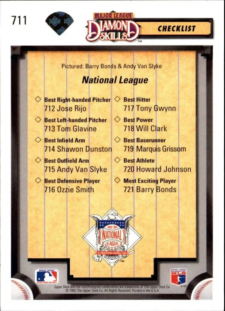 Barry Bonds/Andy Van Slyke 1992 Upper Deck MLB #711 Checklist Card Pirates - Baseball Card Single