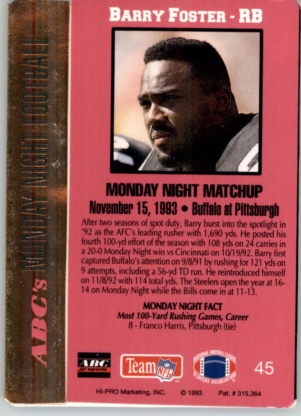 Barry Foster - 1993 Action Packed Monday Night Football - #45 - Football - Football Card Single