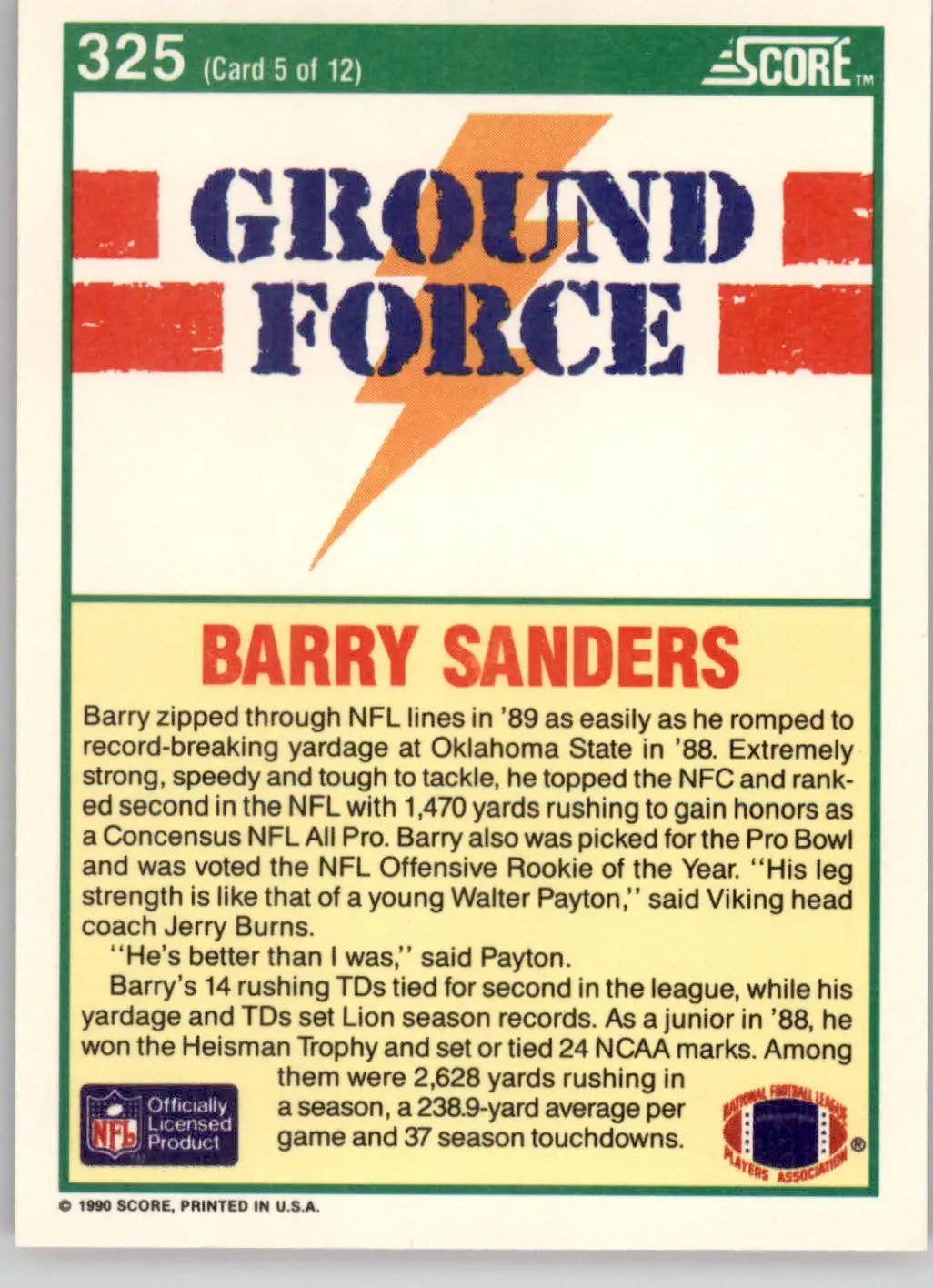 Barry Sanders - 1990 Score - #325 - Football