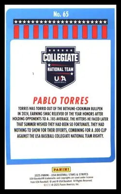 Baseball 2025 Panini Stars & Stripes USA Baseball #65 Pablo Torres - Baseball Card Single