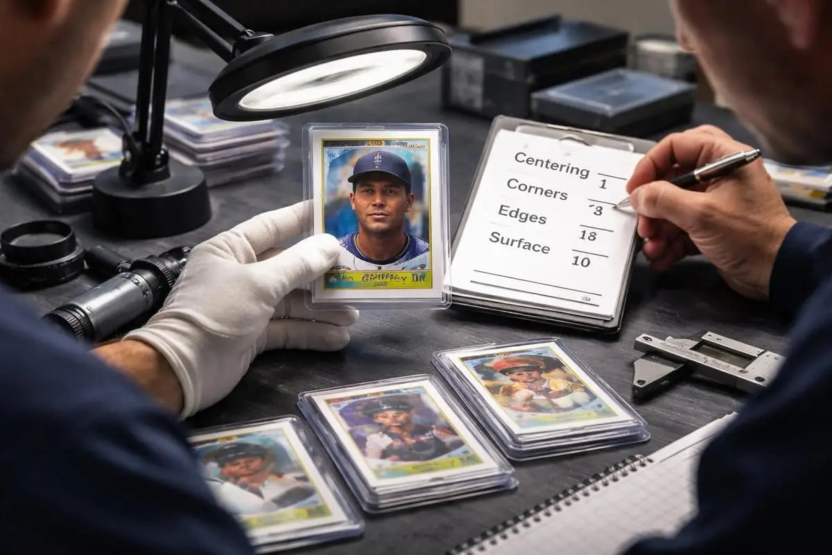 a baseball trading card featuring a player in a blue cap and uniform encased in clear protective plastic showing printed details on the front, relevant for the baseball card market in the complete 2026 guide for collectors.