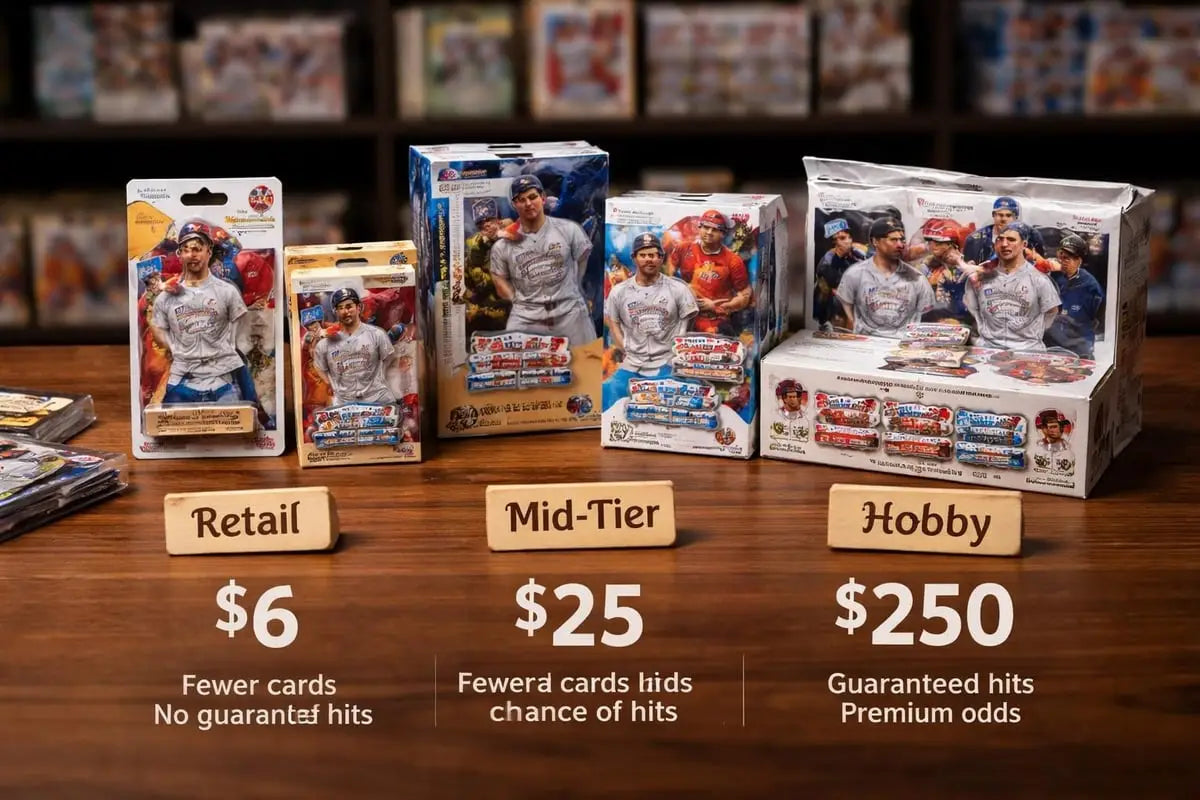 Baseball card packs in retail, mid-tier and hobby tiers
