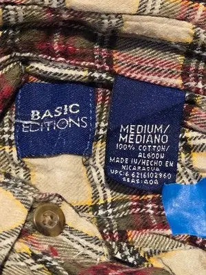 Basic Editions Shirt Women’s M Plaid Button Up Long Sleeve Flannel Cotton Casual - Apparel