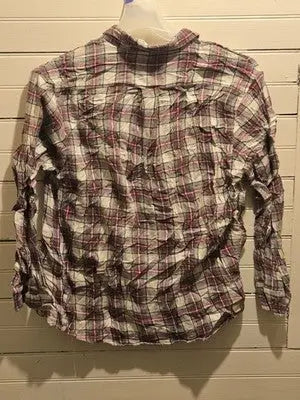 Basic Editions Shirt Women’s M Plaid Button Up Long Sleeve Flannel Cotton Casual - Apparel