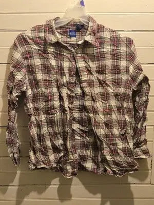 Basic Editions Shirt Women’s M Plaid Button Up Long Sleeve Flannel Cotton Casual - Apparel