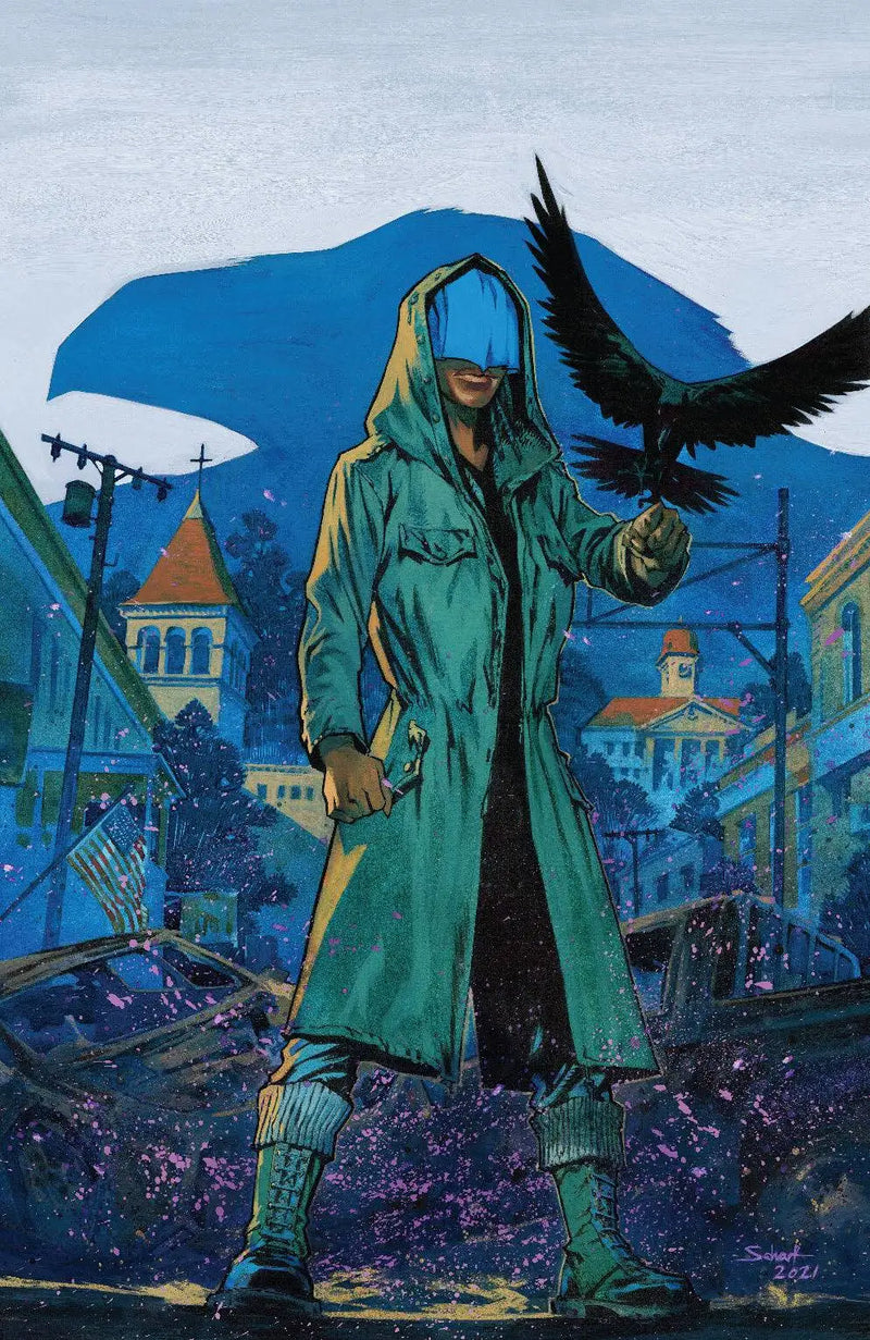Figure in a green trench coat with a black crow, featured in BASILISK trading cards