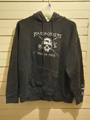 Bassachusetts Hoodie Mens XXL Black Skull Graphic Hell On Reels Pullover Vintage - Apparel