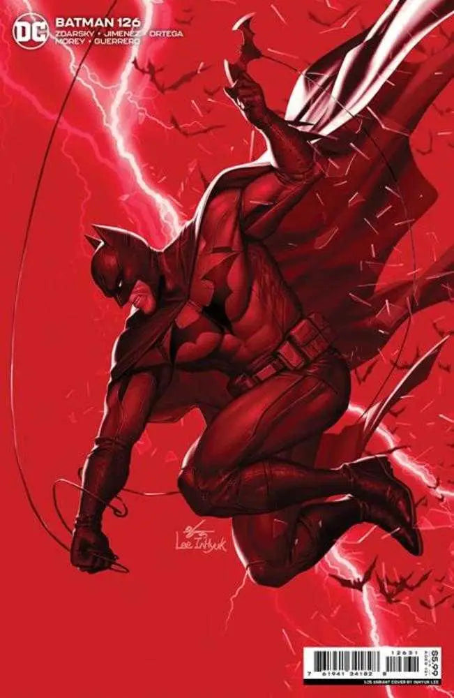 Batman leaps through a red-tinted scene in Batman #126 trading card variant