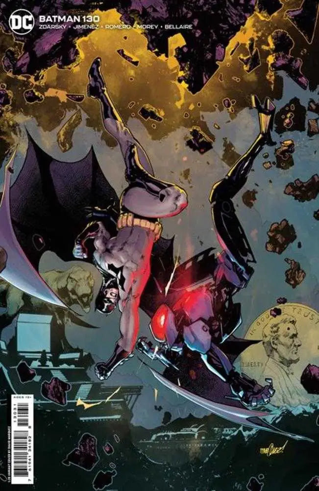 Caped superhero diving through debris and explosions on Batman #130 variant trading card