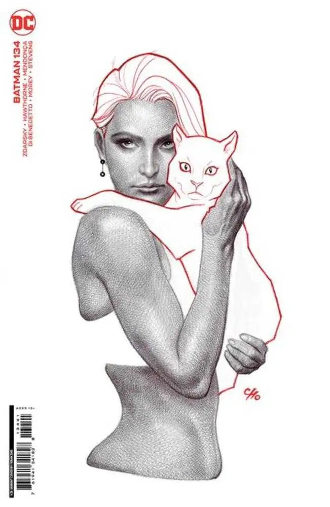 Black and white illustration of a figure with a cat on a Batman trading card variant