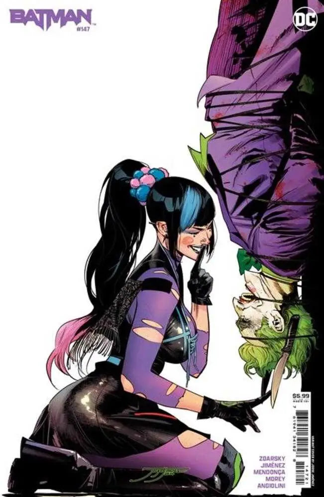 Huntress in purple costume kneeling on Batman #147 Cover B Jorge Jimenez Variant