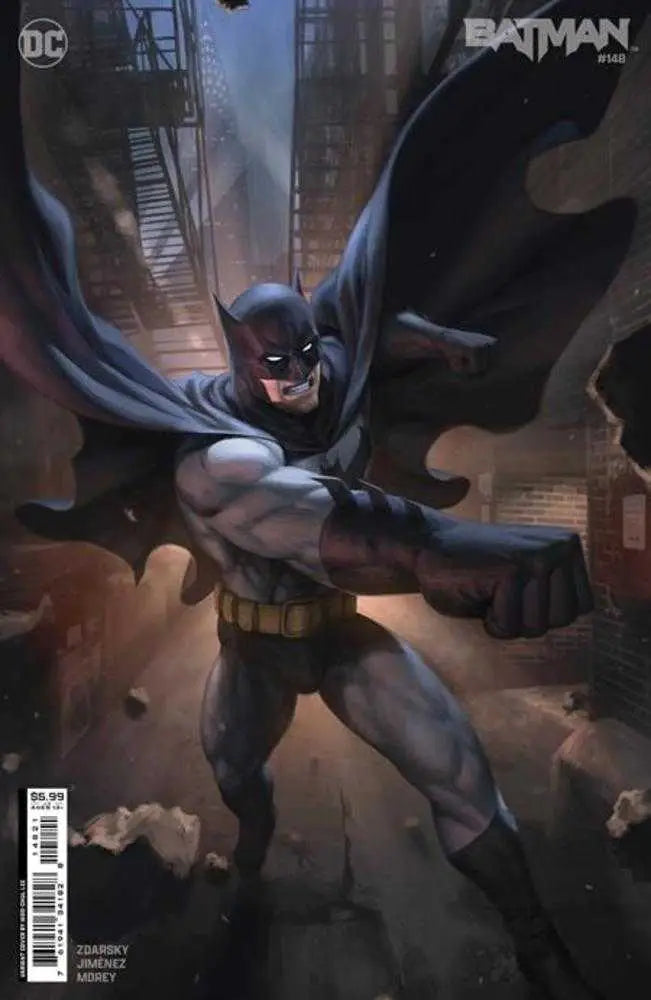 Batman in a dynamic combat pose with cape spread wide on trading cards variant