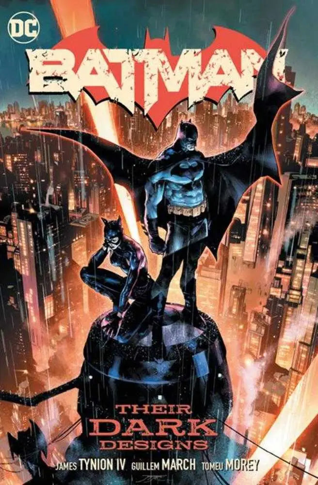 Comic book cover Batman and Catwoman overlooking cityscape from James Tynion IV’s Dark Designs