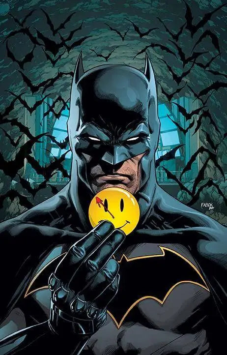 Batman holding a yellow Watchmen smiley face button in BATMAN #21 Lenticular Var Ed trading card