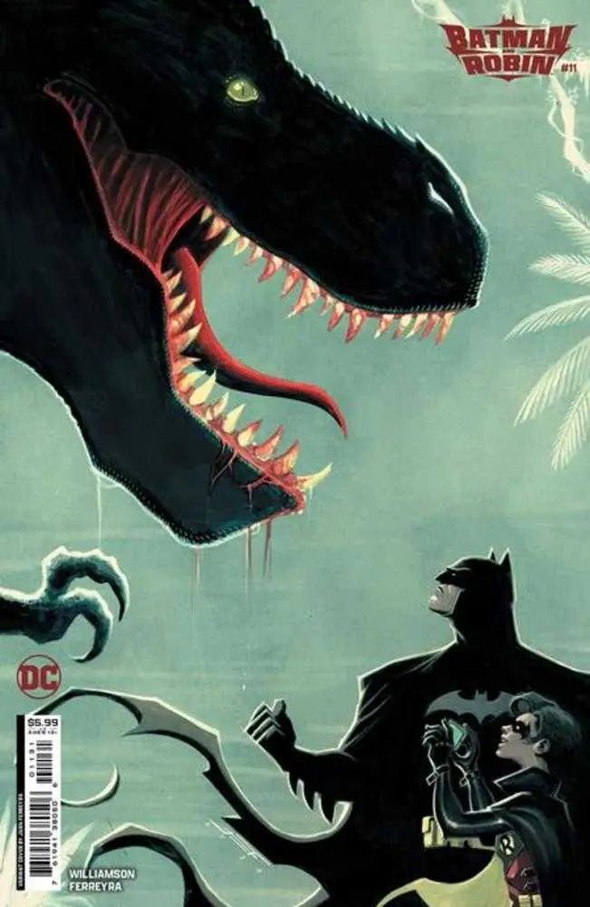 Menacing black dinosaur with glowing green eyes on Batman And Robin #11 trading card