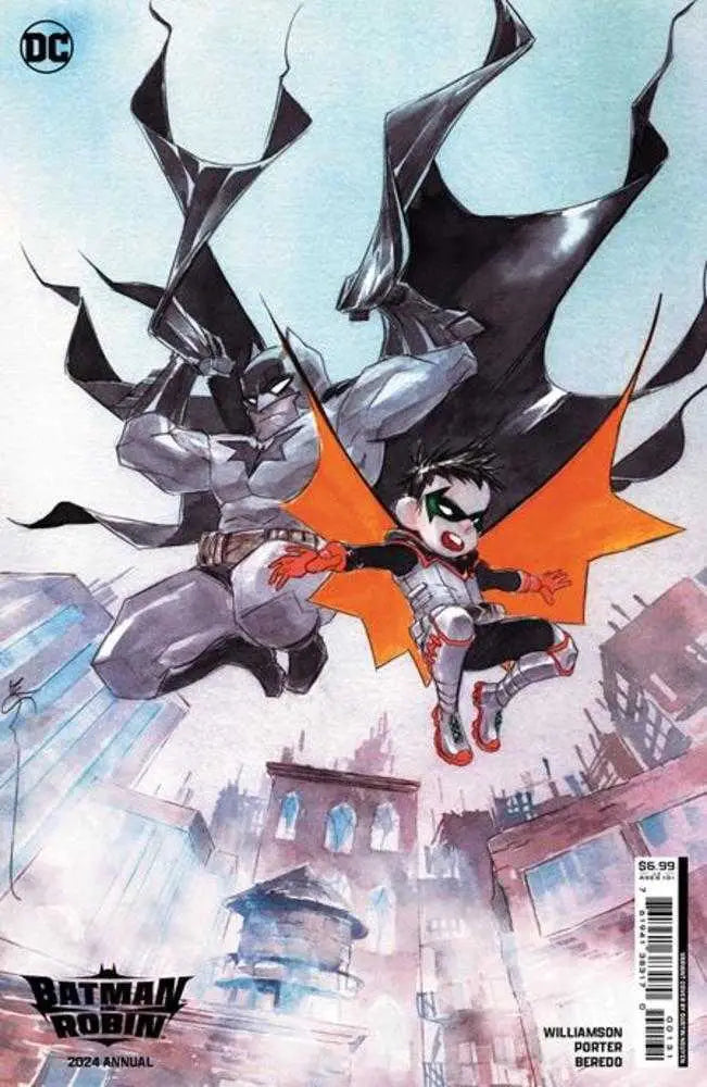 Batman and Robin soaring through the air on Batman And Robin 2024 Annual trading card