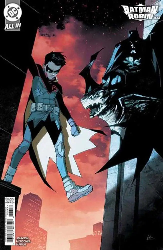 Comic book cover C Rafael De Latorre card stock variant featuring Robin and monstrous Batman in Gotham City