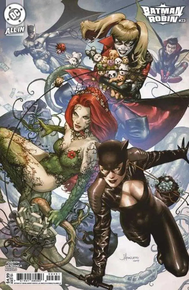 Colorful Gotham City comic cover with Poison Ivy, Harley Quinn, Catwoman, Batman, Robin