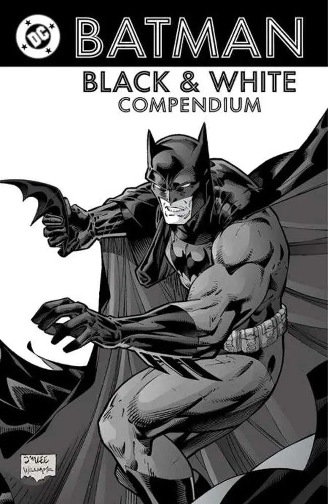 Comic book cover featuring a black and white illustration of Batman for Batman Black & White Compendium TPB