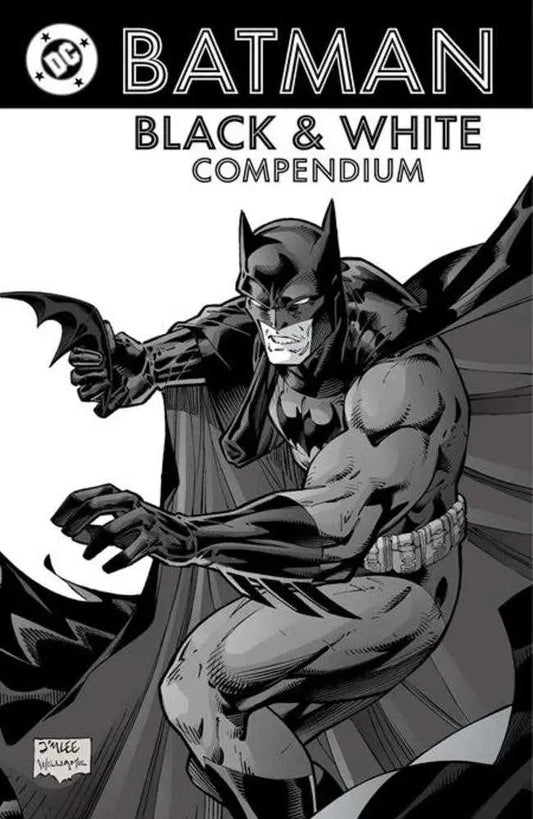 Comic book cover featuring a black and white illustration of Batman for Batman Black & White Compendium TPB