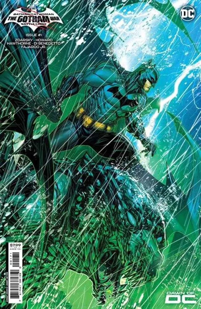 Batman leaps through rain and lightning in Gotham War Battle Lines #1 Foil Variant art