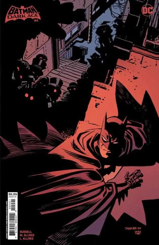 Batman’s caped silhouette swoops through a red-tinted scene on trading cards variant