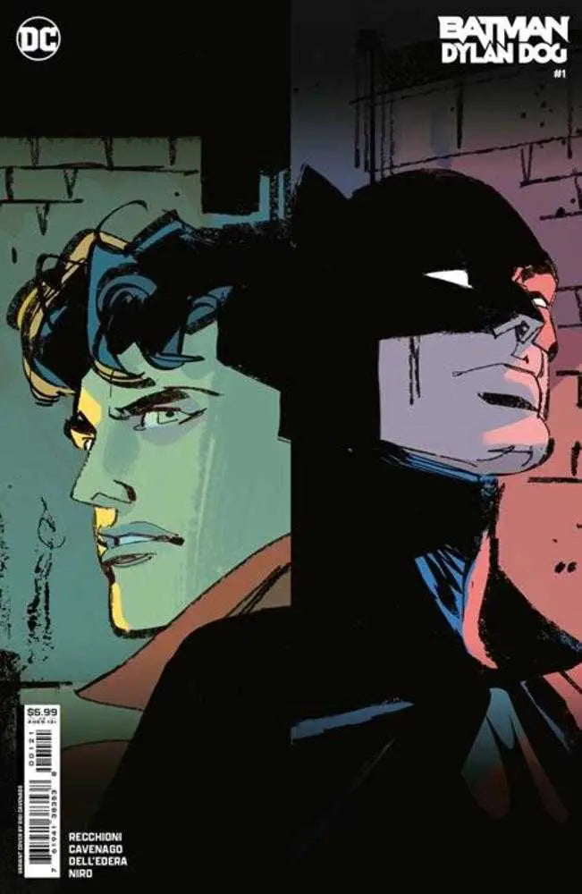 Split-style comic cover art of Batman and Dylan Dog in contrasting profiles