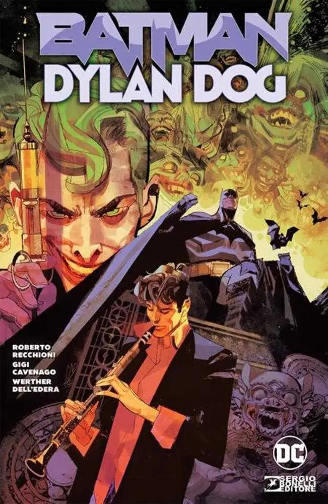 Comic book cover of Batman and Dylan Dog, the nightmare investigator, with dramatic art