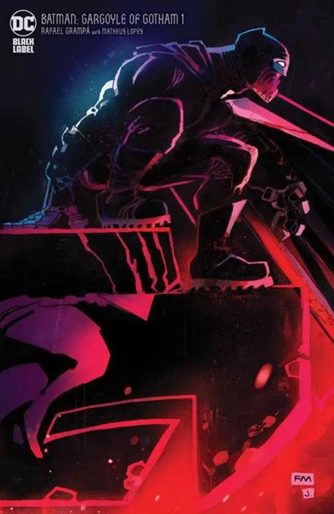 Dark figure on gargoyle under red and purple light in Rafael Grampa’s twisted vision